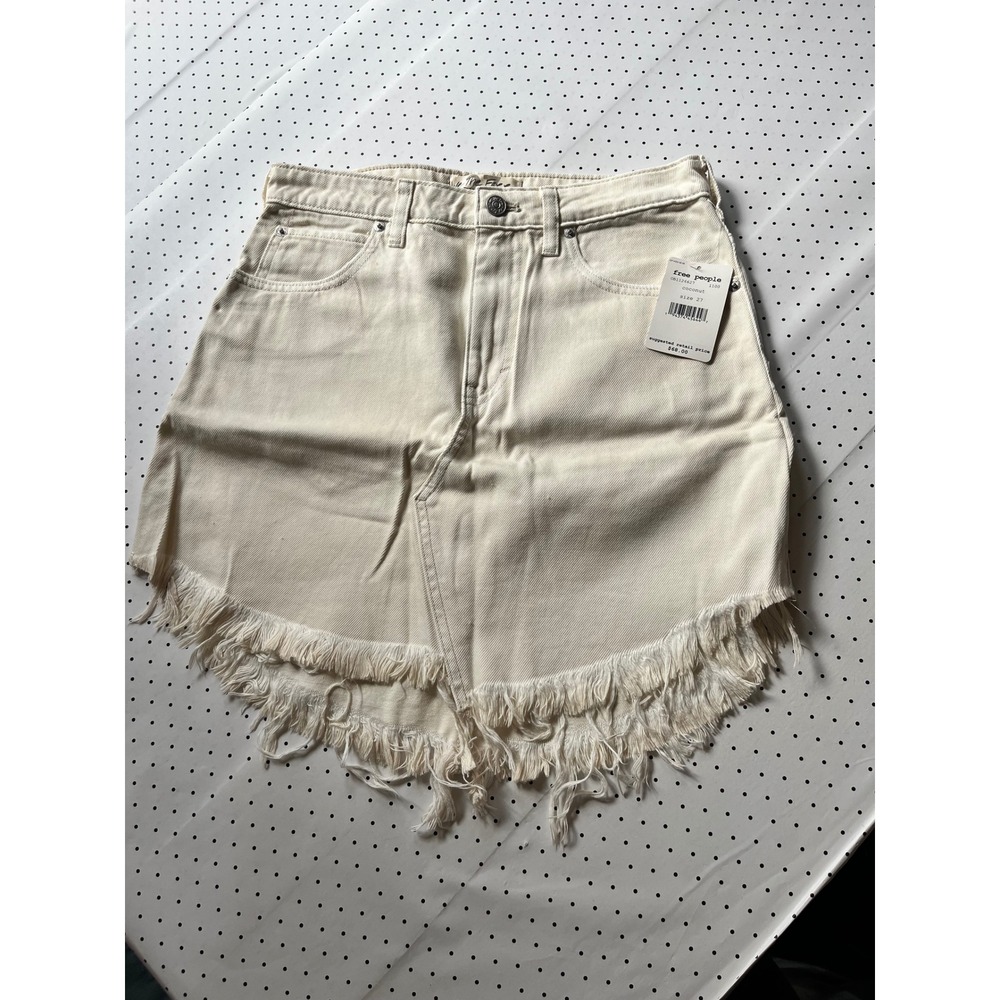 Free People We The Free Skirt 27 Cream Denim Raw Fringe Western Cowgirl Boho